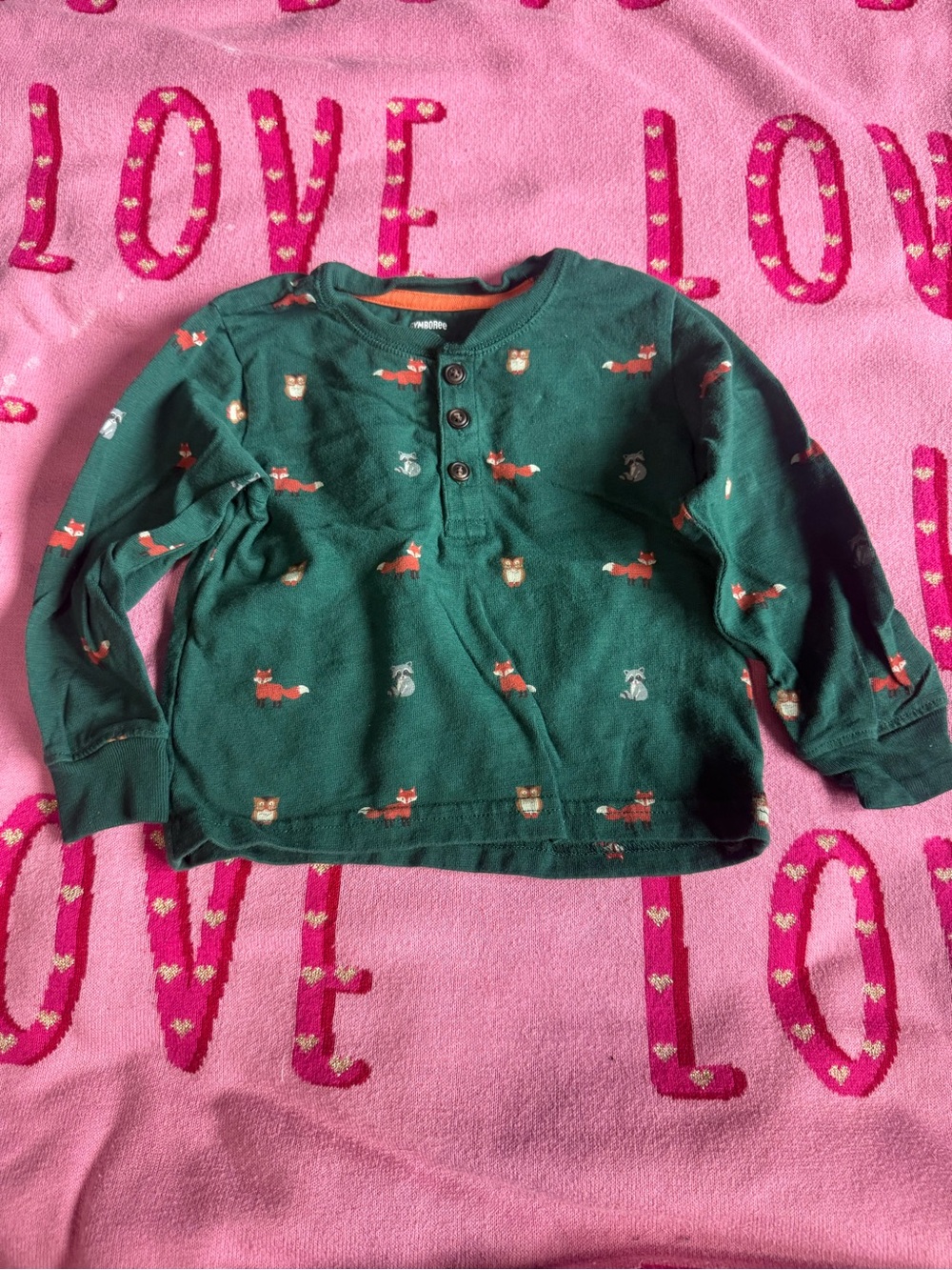 Gymboree Dark Green Fox & Owl Henley Long Sleeve Top